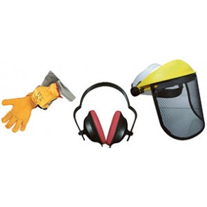 Kit de protection avec visière grillagée, gants et casque anti-bruit